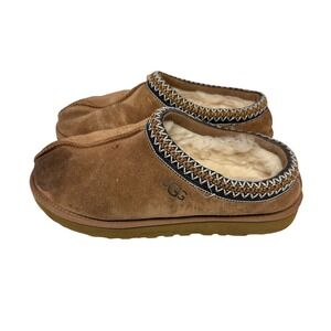 UGG Tasman Slippers Women 9.5/10 Chestnut Brown Suede Sheepskin Braid Trim